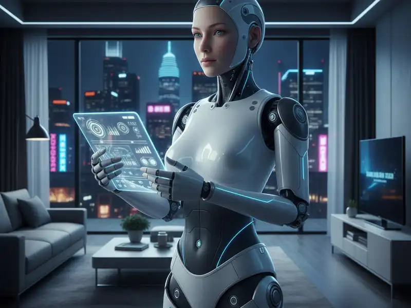 A kép egy modern, nőies humanoid robotot ábrázol egy futurisztikus lakásban. A robot elegáns, fehér és szürke színű, karcsú testalkatú, finoman kidolgozott arccal, ami szinte emberi vonásokat mutat. Kék fényű csíkok futnak végig a testén, kiemelve a csatlakozásokat és ízületeket. Bal kezében egy áttetsző, világító tablettát tart, amelyen adatok és grafikonok láthatók. A robot egy tágas, modern lakásban áll, ahol a háttérben egy nagy ablakon keresztül egy éjszakai városkép tárul fel, neonfényekkel és magas épületekkel. A szobában minimál stílusú bútorok – egy kanapé, egy dohányzóasztal és egy TV-állvány – láthatók, amelyek mind a futurisztikus, tiszta esztétikát erősítik. A megvilágítás diszkrét, kékes árnyalatokkal, ami sci-fi hangulatot kölcsönöz a jelenetnek. A kép a mesterséges intelligencia és a robotika fejlődését, valamint az emberszerű gépek integrációját mutatja be a mindennapi életbe.