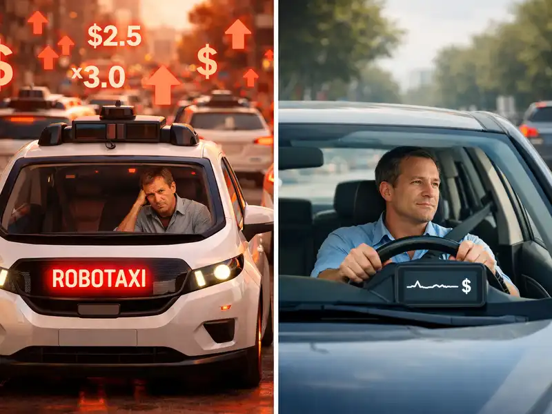 Robottaxit használni minden nap csúcsidőben, drágább lehet Két oldalas osztott kép a városi közlekedésről. A bal oldalon egy modern robottaxi halad a forgalomban, a kijelzőjén piros „ROBOTAXI” felirattal. Felette piros nyilak, dollárjelek és szorzók ($2.5, x3.0) jelzik a csúcsidő miatti jelentős áremelkedést, míg az utas láthatóan feszült. A jobb oldalon egy férfi vezet nyugodtan egy saját autót, amelynek műszerfalán egy stabil, egyenletes vonalat mutató grafikon és egy dollárjel látható, szimbolizálva a kiszámítható és állandó használati költségeket.