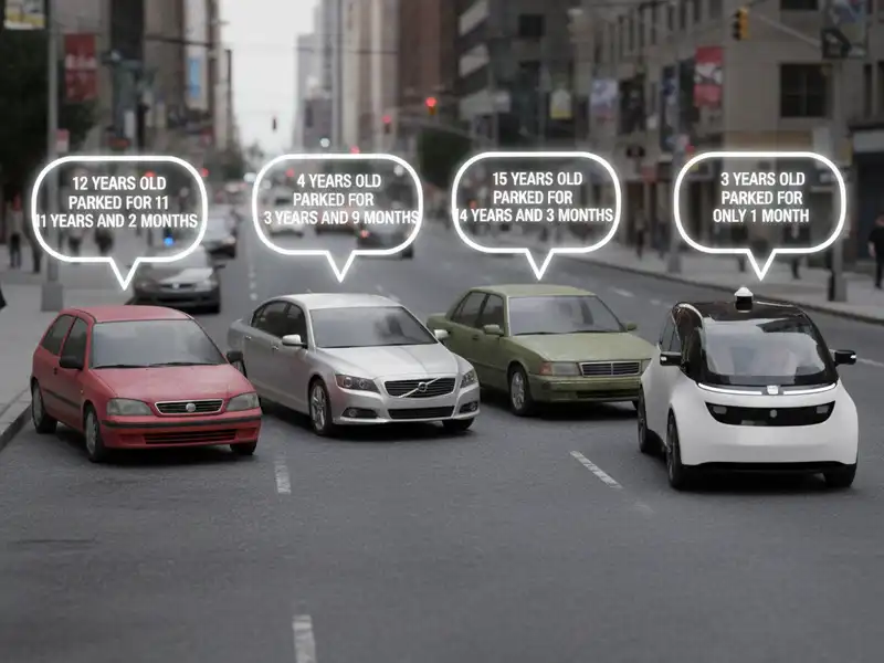 A saját autó hatékonysága vs. a robottaxi hatékonysága Négy autó parkol egy városi utcán, mindegyik felett egy fehér szövegbuborék, amely az autó korát és a parkolással töltött időt mutatja. Balról az első egy piros autó, a szöveg szerint: "12 YEARS OLD PARKED FOR 11 YEARS AND 2 MONTHS" (12 éves, 11 éve és 2 hónapja parkol). A mellette lévő ezüst autó szövege: "4 YEARS OLD PARKED FOR 3 YEARS AND 9 MONTHS" (4 éves, 3 éve és 9 hónapja parkol). A harmadik, egy zöld autó, szövege: "15 YEARS OLD PARKED FOR 14 YEARS AND 3 MONTHS" (15 éves, 14 éve és 3 hónapja parkol). Jobbra egy futurisztikus, fehér kisautó látható, tetején érzékelővel, a szöveg: "3 YEARS OLD PARKED FOR ONLY 1 MONTH" (3 éves, csak 1 hónapja parkol). A háttérben további járművek, épületek és gyalogosok láthatók egy városi környezetben.