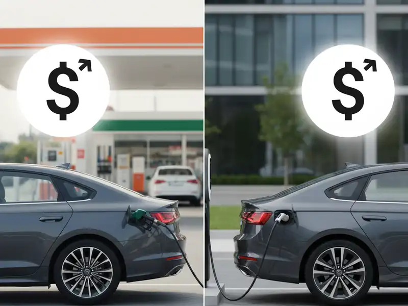 Az autózás költségei, a tankolás és vagy a töltés Két oldalas kép összehasonlítása, amely bemutatja az üzemanyag- és az elektromos járművek költségeit. A bal oldalon egy benzinkút látható, ahol egy autót tankolnak, felette pedig egy nagy körben lévő dollár jel felfelé mutató nyíllal ($^{\nearrow}$) jelzi a költségeket. A jobb oldalon egy töltőállomás látható, ahol ugyanazt a szürke autót töltik, és felette szintén egy költséget jelző szimbólum ($^{\nearrow}$) található. Az összehasonlítás a „tankolás vagy töltés” témakör költségére utal.