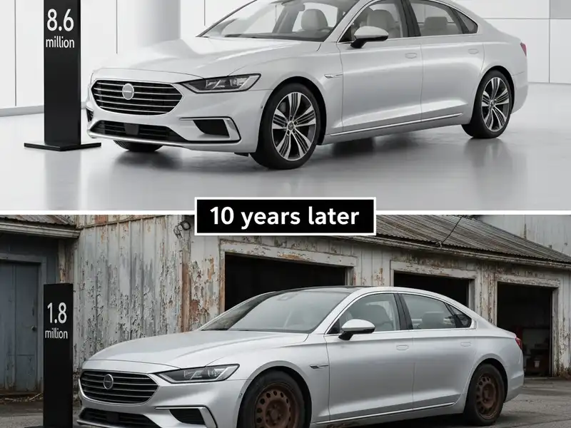 egy-szemelyauto-ertekvesztese-10-ev-alatt Egy vízszintesen kettéosztott kép, amely egy személyautó értékvesztését szemlélteti tíz év távlatában. A felső képen egy új, csillogó, ezüstszínű szedán látható egy tiszta, modern autószalonban. Az autó mellett egy ártábla áll, amelyen a „8.6 millió forint” felirat olvasható. A két kép között középen egy fehér téglalapban a „10 évvel később” szöveg szerepel. Az alsó képen ugyanaz az autótípus látható, de már használt állapotban, kissé mattabb fényszórókkal, egy kopott, málló vakolatú garázs előtt parkolva. A mellette lévő ártáblán ekkor már csak „1.8 millió forint” szerepel.