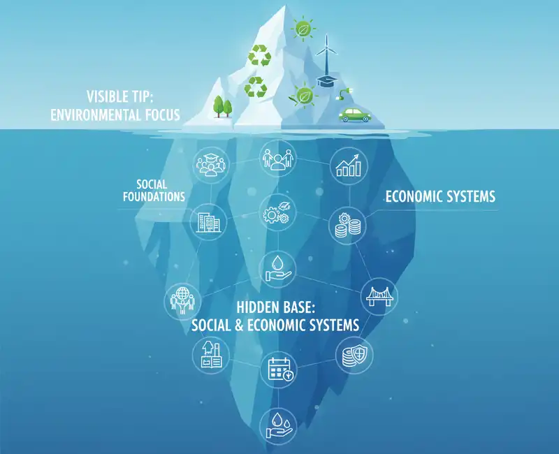 Egy jéghegyet ábrázoló infografika a fenntarthatóságról. A jéghegy víz feletti, látható csúcsa („VISIBLE TIP: ENVIRONMENTAL FOCUS”) a környezetvédelmi szempontokat jelképezi, olyan ikonokkal, mint az újrahasznosítás, a szélenergia és az elektromos autózás. A víz alatti, sokkal nagyobb rész („HIDDEN BASE: SOCIAL & ECONOMIC SYSTEMS”) a fenntarthatóság rejtett alapjait mutatja be: a társadalmi alapokat („SOCIAL FOUNDATIONS”) és a gazdasági rendszereket („ECONOMIC SYSTEMS”). A mélyben számos összekapcsolt ikon jelzi az oktatás, az egészségügy, a stabil gazdaság, az infrastruktúra és a közösségi jólét fontosságát, amelyek elengedhetetlenek a globális fenntarthatósághoz.