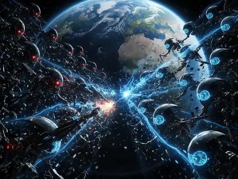 Gépek csatája a Föld közelében. Apokaliptikus sci-fi jelenet a világűrben: két szembenálló gépi raj vív ádáz csatát közvetlenül a Föld bolygó előtt. A bal oldali sereg robotjai vörös fényben izzanak, míg a jobb oldaliak kék fénnyel világítanak. A két sereg találkozási pontjánál hatalmas energiakisülések és szétrepülő törmelékek láthatóak, miközben a háttérben a kék Föld nyugalmat áraszt a pusztító háborúval szemben.