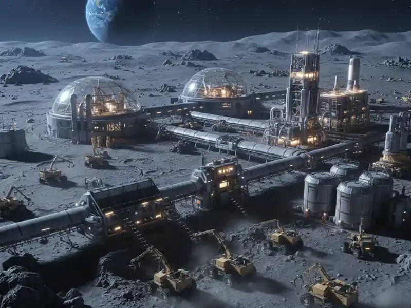 Gyár a Holdon Sci-fi stílusú digitális festmény egy kiterjedt holdbázisról. A kopár, szürke kráterek között kivilágított üvegkupolák, ipari tornyok és hatalmas tartályok állnak, melyeket hosszú csővezetékek kötnek össze. Az előtérben sárga, markológépszerű robotok dolgoznak a talajon, miközben a sötét égbolton a ragyogó kék Föld látható. A jelenet az űrben zajló ipari termelés és az önfenntartó kolóniák jövőképét illusztrálja.