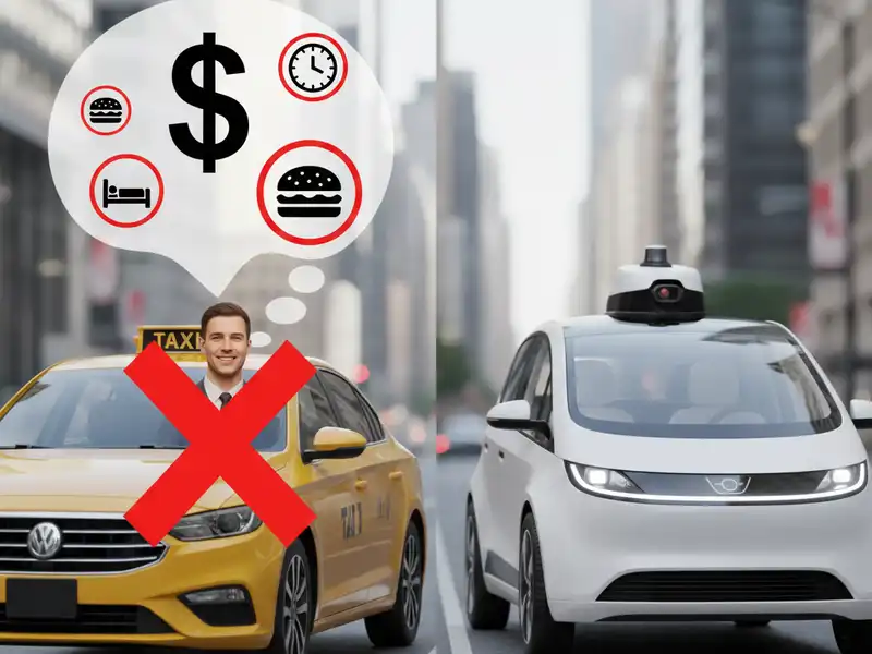A hagyományos taxizás költségének mintegy 60-70%-át az emberi munkaerő (a sofőr bére) teszi ki. A bal oldalon egy hagyományos sárga taxi látható a sofőrrel, akit egy nagy piros „X” jelöl. A sofőr feletti gondolatbuborékban olyan szimbólumok szerepelnek, mint a dollárjel, az óra (idő), az étel (hamburger) és a pihenés (ágy), ami azt jelzi, hogy egy emberi sofőr fenntartása – bér, étkezés, pihenőidő – a teljes költség 60-70%-át teszi ki. A jobb oldalon egy modern, fehér önvezető autó látható, amelynél ezek az emberi tényezőkből adódó költségek megszűnnek.
