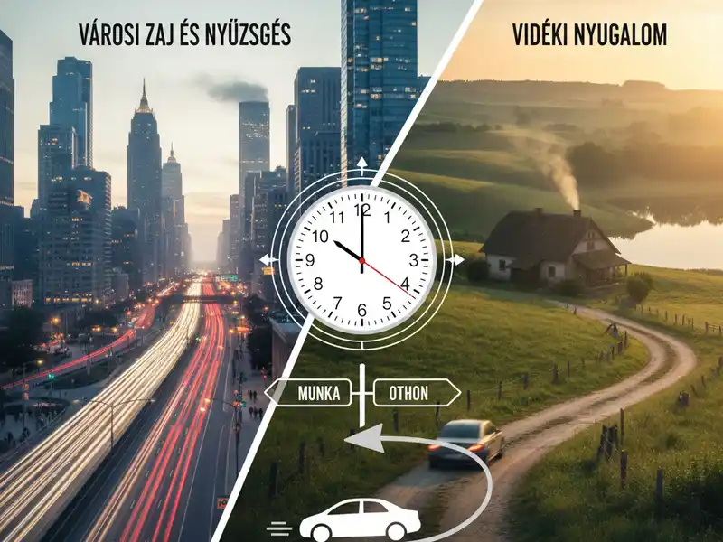 napi ingázás A képet egy nagyméretű óra osztja két háromszögre: bal oldalon a városi zaj és nyüzsgés látható, hosszú, fénysávos autópályával és magas felhőkarcolókkal. Jobb oldalon a vidéki nyugalom látható, dombos, zöld tájjal, erdei házzal és egy tóval. Az óra alatt egy autó szimbolizálja az ingázást a munka (város) és az otthon (vidék) között.
