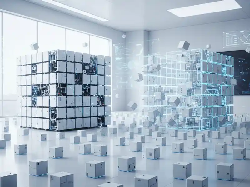M-Blocks rendszer Modern, világos kutatóterem, ahol számos kisméretű, fehér robotkocka látható a padlón. A kép központjában a kockák két hatalmas tömbbe rendeződnek: a bal oldali egy már elkészült szilárd szerkezet, míg a jobb oldali éppen összeállás alatt áll, amit kék lézeres háló és a levegőben repülő alkatrészek szemléltetnek. A háttérben digitális kijelzők mutatják a folyamat adatait.