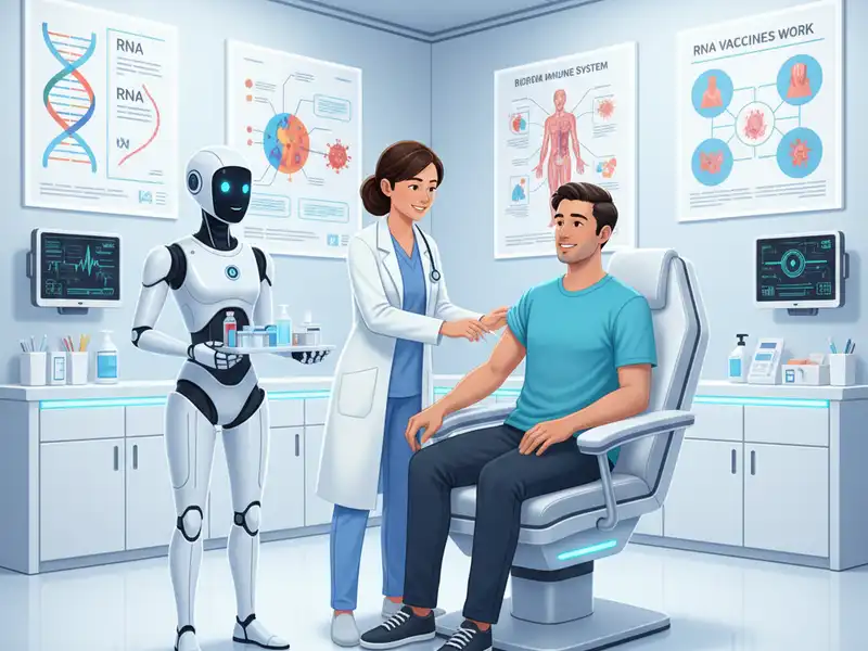 A nanotechnológia és a molekuláris szintű önmásolás a gyógyászatban is fontos szerepet játszhat. Rajzfilmstílusú illusztráció egy világos, modern orvosi szobáról. A kép központjában egy orvosnő éppen beolt egy mosolygó férfit, aki egy kényelmes kezelőszékben ül. Mellettük egy elegáns, fehér humanoid robot áll, aki tálcán hozza az orvosi kellékeket és fiolákat. A háttérben a falon informatív poszterek láthatóak a DNS-ről, az RNS-vakcinák működéséről és az immunrendszerről, a pultokon pedig modern orvosi monitorok villognak.
