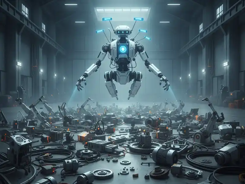 önreprodukáló gép alkatrészeket keres Sci-fi stílusú kép egy világos szürke robotról, amely a levegőben függ egy ipari csarnokban. A robot mellkasán és a feje felett kék fények világítanak. Alatta a földön kábelek, fogaskerekek, robotkarok és különféle mechanikai alkatrészek rendetlensége látható, mintha a robot éppen ezekből építené újjá magát vagy keresne alkatrészeket.