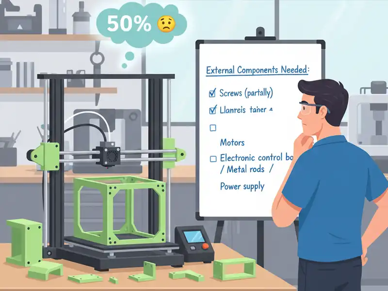Rep-Rap 3D nyomtató korlátai 2007 Rajzfilmstílusú ábrázolás, ahol egy zöld alkatrészeket nyomtató 3D nyomtató felett egy „50%” feliratú, szomorú gondolatfelhő látható. Mellette egy szemüveges férfi gondolkodva néz egy táblát, amelyen a „Külső alkatrészek szükségesek” (External Components Needed) lista szerepel, olyan elemekkel, mint motorok, csavarok és tápegység. A kép a RepRap projekt (önreprodukáló 3D nyomtató) korlátait szemlélteti.