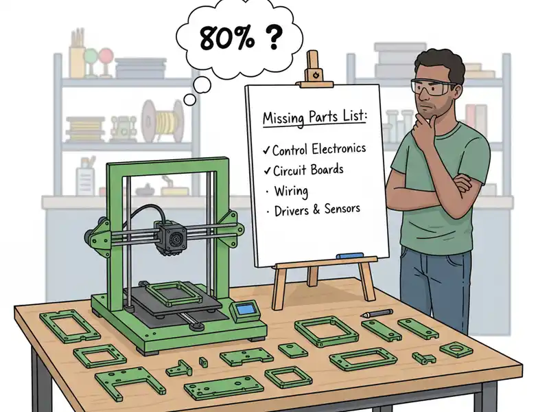 RepRap 3D nyomtató, Snappy 2018. Egy zöld színű, moduláris felépítésű 3D nyomtató látható egy munkaasztalon, körbevéve számos kinyomtatott alkatrésszel. A gép feletti gondolatfelhőben a „80%?” felirat szerepel, utalva a magasabb önreprodukciós arányra. Egy férfi gondterhelten nézi a „Hiányzó alkatrészek listáját” (Missing Parts List), amelyen már csak az elektronika, a kábelezés és a szenzorok szerepelnek, mint külső forrásból beszerzendő elemek.