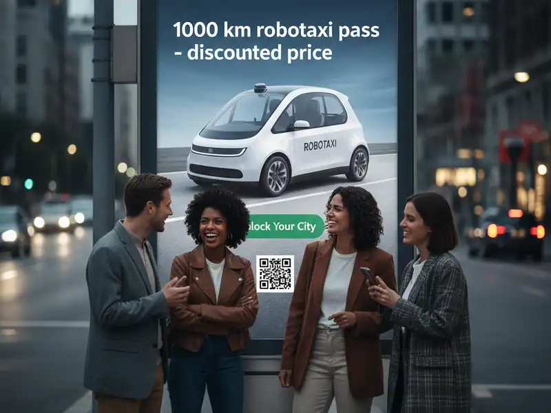 Kedvező áru robottaxi bérlet hirdetmény Egy nagyvárosi utcai hirdetőtábla előtt négy fiatal (egy férfi és három nő) beszélget vidáman. A plakáton egy futurisztikus, fehér, kétszemélyes önvezető autó látható „ROBOTAXI” felirattal. A hirdetés szövege: „1000 km robottaxi pass - discounted price” (1000 km-es robottaxi bérlet - kedvezményes áron), alatta pedig egy „Unlock Your City” gomb és egy QR-kód található, amely a szolgáltatás egyszerű, okostelefonos elérhetőségét sugallja.