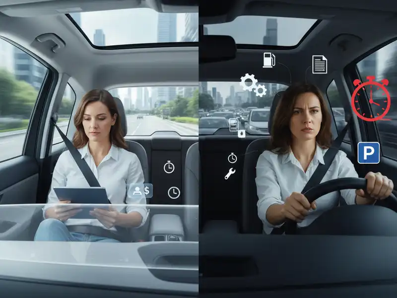 Két részre osztott kép, amely a jövőbeli robottaxi (balra) és a saját autó vezetésének (jobbra) ellentétét mutatja be. Bal oldal (Robottaxi): Egy fiatal nő laza, világos ruhában ül a hátsó ülésen, miközben egy tableten dolgozik vagy olvas. Körülötte időt, pénzt és hatékonyságot jelképező digitális ikonok lebegnek (egy óra, egy pénzjel). Az utat a háttérben láthatjuk, amely simának és gyorsnak tűnik, tiszta városi környezetben. A kép hangulata nyugodt és produktív. Jobb oldal (Saját autó): Ugyanez a nő a volánnál ül, feszült arckifejezéssel, forgalmi dugóban. Körülötte a stresszel és a vezetéssel járó ikonok láthatók (egy ébresztőóra a kapkodást jelezve, egy parkolási jel, egy üzemanyag-pumpa, egy csavarkulcs a karbantartásra, és dokumentumok a papírmunkára). A hangulat frusztrált és kimerítő.
