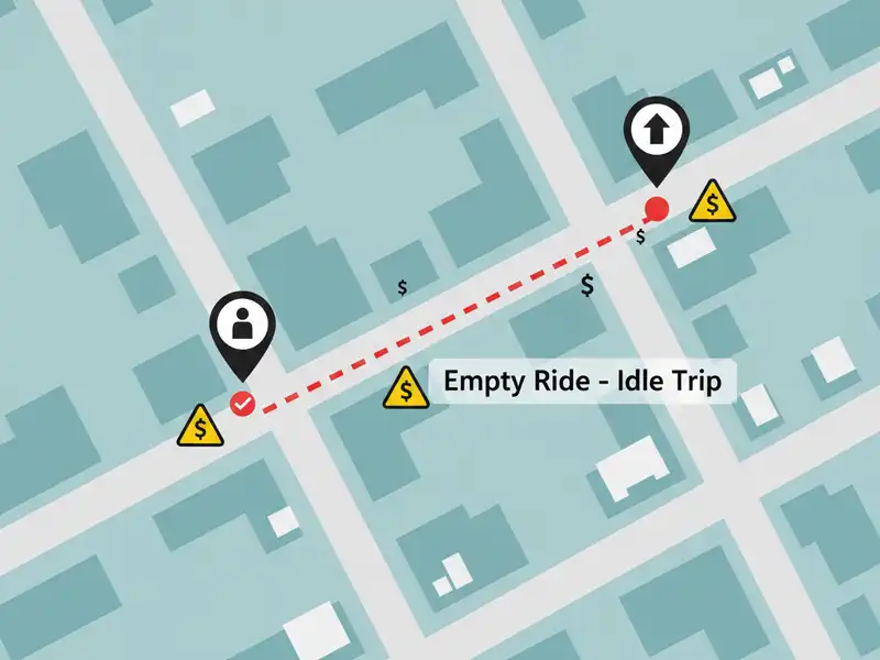 Üresjárati út a robottaxi szolgáltatásban Egy stilizált várostérkép felülnézetből, amely az „Empty Ride – Idle Trip” (üres menet – üresjárati út) fogalmát mutatja be. A térképen egy szaggatott piros vonal jelzi a jármű útvonalát két pont között. Az útvonal mentén sárga felkiáltójeles figyelmeztető háromszögekben dollárjelek láthatóak ($), jelezve, hogy az utas nélküli közlekedés (amíg a taxi az egyik fuvartól a másikig ér) veszteséget vagy plusz költséget termel a szolgáltatónak.