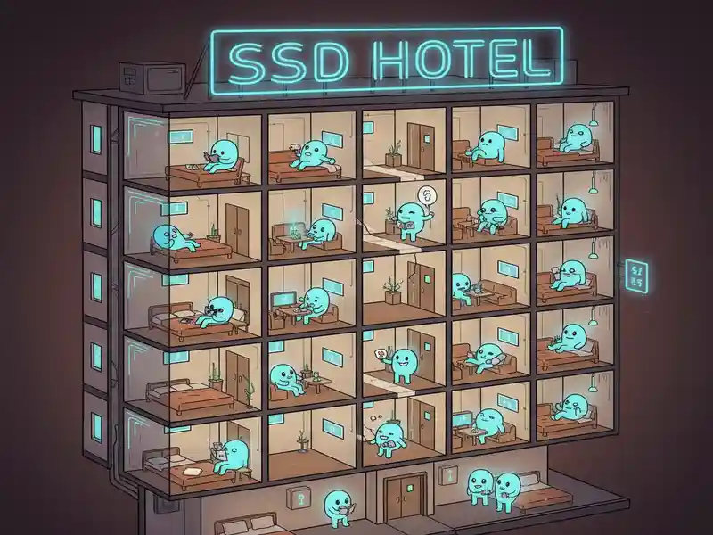 „SSD Hotel – Elektronok a memóriacellákban” Egy keresztmetszeti rajz egy többszintes épületről, amelynek tetején egy neonkék „SSD HOTEL” felirat világít. Az épület számos apró, egyforma szobára (cellára) van osztva, amelyekben az előző képből megismert kék, világító elektron-figurák laknak. Minden szobában egy-egy elektron látható különböző élethelyzetekben: van, aki az ágyon fekve olvas, van, aki épp falatozik, és van, aki csak pihen. Néhány szoba üresen áll. Az illusztráció játékosan mutatja be az SSD meghajtók adattárolási szerkezetét, ahol a memóriacellák úgy funkcionálnak, mint a szállodai szobák, amelyekben az elektronok (az adatok) tárolódnak.