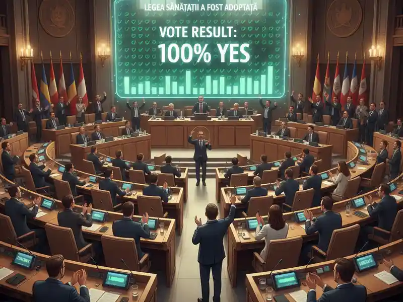 Egy modern parlament ülésterme látható, ahol a képviselők éppen egy sorsfordító törvényjavaslatról szavaznak. A szavazás eredménye: A terem központjában egy hatalmas digitális kijelző uralja a teret, amelyen zöld betűkkel a „VOTE RESULT: 100% YES” (Szavazás eredménye: 100% Igen) felirat látható, felette pedig a „LEGEA SĂNĂTĂȚII A FOST ADOPTATĂ” (Az egészségügyi törvényt elfogadták) román nyelvű szöveg olvasható. A résztvevők: Az ülésteremben helyet foglaló politikusok és döntéshozók állva tapsolnak, ünneplik az egyhangú döntést. A sorok között modern technológiai eszközök, tabletek láthatók a padokon. Környezet: A terem falait nemzeti zászlók díszítik, a belső tér pedig elegáns, fából készült burkolatokkal és modern világítással van kialakítva. Üzenet: A kép a társadalmi és politikai konszenzus erejét szimbolizálja a válsághelyzetek után. Azt a pillanatot mutatja be, amikor a járványok tanulságait levonva a döntéshozók egységesen az egészségügyi rendszer megerősítése és a jövőbeli biztonság mellett kötelezik el magukat. Ez a kép zárja le a folyamatot: a tudományos felfedezés és az ipari gyártás után a jogi és politikai keretek biztosítják a hosszú távú védelmet a társadalom számára.