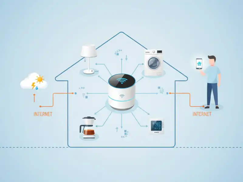Minden mindennel összefügg: Az Internet of Things (IoT) világa Modern, letisztult infografika egy okosotthon működéséről. A kép központjában egy ház sematikus körvonala látható, amelynek közepén egy Wi-Fi jellel ellátott központi vezérlőegység (hub) áll. Ebből a központból kék nyilak mutatnak a házon belüli különböző okoseszközökhöz: egy lámpához, egy mosógéphez, egy kávéfőzőhöz és egy termosztáthoz. A ház falain kívülről narancssárga vonalak jelzik az internetkapcsolatot: az egyik oldalon egy felhő ikon (időjárás adatokkal), a másik oldalon pedig egy okostelefont tartó férfi látható, aki távolról irányítja az otthoni rendszert. A kép a hálózatba kapcsolt eszközök és a felhasználó közötti folyamatos adatcserét szemlélteti.