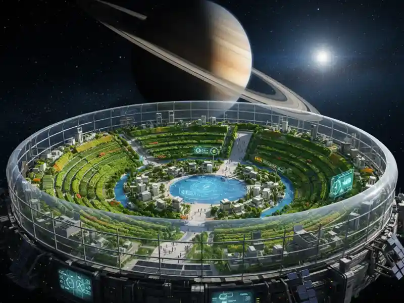Futurisztikus digitális illusztráció egy hatalmas, gyűrű alakú űrállomásról (O'Neill-henger), amely a Szaturnusz közelében lebeg. A hatalmas, átlátszó üvegkupolával borított építmény belsejében buja zöld növényzet, teraszos kertek, lakóházak és egy központi kék tó látható. Az állomás peremén napelemek és technikai modulok sorakoznak. A háttérben a hatalmas Szaturnusz bolygó és annak gyűrűrendszere dominálja a sötét, csillagos világűrt, miközben a távolban egy fényes csillag (a Nap) világítja meg a jelenetet.