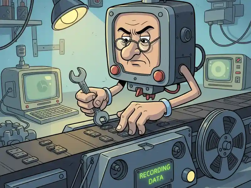A precíziós írófej: Adatrögzítés kézi erővel Egy humoros, szürreális illusztráció, amely egy ipari környezetben zajló adatrögzítési folyamatot ábrázol. A kép központi figurája egy antropomorf robot-lény, akinek a feje egy régi, szögletes monitorból áll, rajta egy szemüveges, mogorva arc látható. A figura vékony karjaival egy futószalag felett dolgozik: egyik kezében egy villáskulcsot tart, a másikkal pedig apró adatpaneleket igazít a szalagon. A futószalag mellett egy nagy tekercs mágnesszalag látható, a gép oldalán pedig egy zölden világító digitális kijelző felirata hirdeti: "RECORDING DATA" (Adatrögzítés). A háttérben további retro számítógépes monitorok és technikai berendezések látszanak egy kékes tónusú műhelyben, egy asztali lámpa fénye mellett. A jelenet az analóg és a korai digitális technológia közötti átmenetet parodizálja, ahol az adatok rögzítése még szinte "kézműves" precizitást igénylő folyamatnak tűnik.
