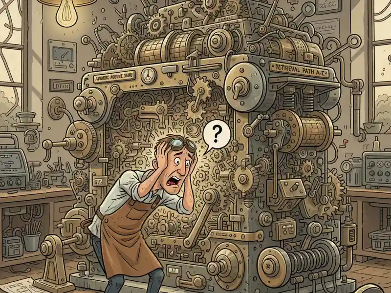 A mechanikus memória: Amikor az adat még fogaskerekeken pörgött Egy részletgazdag, humoros illusztráció, amely egy hatalmas és rendkívül bonyolult mechanikus szerkezetet ábrázol egy ódon műhelyben. A gép falnyi méretű, tele van egymásba kapcsolódó fogaskerekekkel, karokkal, rugókkal, láncokkal és különböző mutatókkal. A szerkezet oldalán egy felirat látható: "RETRIEVAL PATH A-Z" (Lekérdezési útvonal A-tól Z-ig), utalva az adatok visszakeresésének folyamatára. A gép előtt egy barna kötényt és védőszemüveget viselő szerelő vagy feltaláló áll, aki kétségbeesetten a fejéhez kap. A feje felett egy kérdőjelet tartalmazó szóbuborék jelzi teljes zavarodottságát a gép komplexitása láttán. A háttérben egy régi stílusú izzólámpa világítja meg a zsúfolt műhelyt, ahol további mérőműszerek és alkatrészek látszanak. A kép stílusosan parodizálja a digitális korszak előtti, tisztán mechanikus "számítógépek" és adattárolók elképzelt, nehézkes működését.