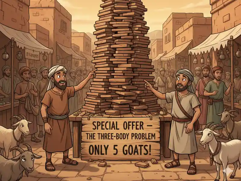 Ókori bestseller: A háromtest-probléma agyagtáblákon Egy vidám, rajzfilmstílusú illusztráció egy ókori közel-keleti piacról. A kép központjában egy hatalmas, instabilnak tűnő torony áll, amely több száz egymásra pakolt agyagtáblából épül fel. A torony előtt egy fa tábla hirdeti a "különleges ajánlatot": "SPECIAL OFFER – THE THREE-BODY PROBLEM ONLY 5 GOATS!" (Különleges ajánlat – A háromtest-probléma csak 5 kecskéért!). A torony két oldalán két szakállas, tunikát és turbánt viselő férfi áll, akik lelkesen mutogatnak az elképesztő mennyiségű "adathordozóra". Körülöttük a tömegben több kecske is látható, utalva a fizetségre. A háttérben a piac élete zajlik vályogházakkal és további árusokkal. A kép humorosan mutatja be, mekkora fizikai kiterjedése és súlya lenne egy modern regénynek, ha azt az ókori Mezopotámia technológiájával, agyagtáblákra rögzítenék.