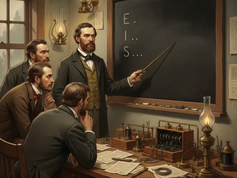 A Morse-kód születése: Az információ digitalizálásának kezdete Történelmi stílusú digitális illusztráció, amelyen Samuel Morse egy sötét tábla előtt állva magyarázza a róla elnevezett kódot három érdeklődő férfinak. A táblán az „E .”, „I ..” és „S ...” feliratok láthatóak, szemléltetve a betűk rövid jelekké történő alakítását. Az előtérben egy korabeli faasztalon kezdetleges távírókészülékek, tekercsek és papírok hevernek, a szobát pedig olajlámpák meleg fénye világítja meg. A kép a 19. századi tudományos felfedezések hangulatát idézi, amikor az információátvitel elektromos alapokra helyeződött. Ez a kép tökéletesen illusztrálja azt a pillanatot, amikor az emberiség megtanulta „darabolni” az információt, ami közvetlen előfutára a mai bit alapú világunknak.