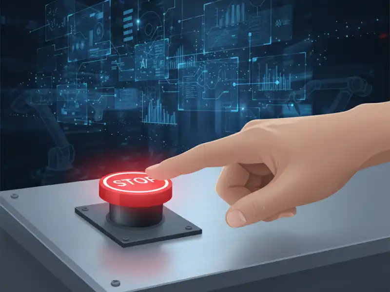 Koncepcionális digitális illusztráció a technológiai kontrollról. A kép előterében egy emberi kéz látható, amint mutatóujjával éppen megnyomni készül egy nagy, kerek, piros „STOP” feliratú gombot. A háttérben sötétkék tónusú, komplex holografikus kezelőfelületek, adatok, grafikonok és „AI” feliratú információs panelek lebegnek. A kompozíció azt a kritikus pillanatot és biztonsági elvet ábrázolja, amely szerint a végső döntésnek és az irányításnak mindig az ember kezében kell maradnia, függetlenül a technológia fejlettségétől.