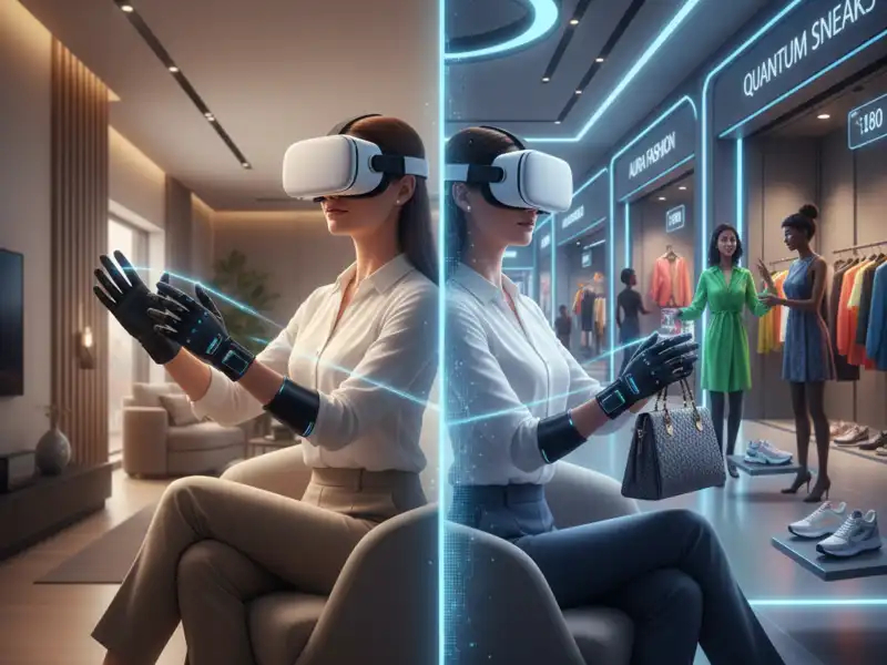 Egy függőlegesen kettéosztott illusztráció a jövő vásárlási élményéről. A bal oldalon egy elegánsan öltözött nő ül egy modern nappaliban, VR-szemüveget és haptikus kesztyűt viselve, miközben a kezeit nézi. A jobb oldalon a nő virtuális kivetülése látható egy futurisztikus luxusüzletben (pl. „Aura Fashion”, „Quantum Sneakers”), ahol a haptikus kesztyű segítségével éppen egy digitális táska textúráját érzékeli. A háttérben más vásárlók és lebegő digitális árcédulák láthatóak. A kép a virtuális valóságban történő, fizikai érzékeléssel kiegészített vásárlást szemlélteti.
