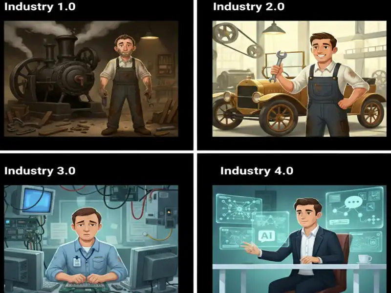 Egy négy részre osztott illusztráció az ipari forradalmak szakaszairól. Az "Industry 1.0" egy gőzgép mellett álló, kormos munkást mutat. Az "Industry 2.0" egy szerelőműhelyben, futószalag mellett dolgozó férfit ábrázol egy korai autóval. Az "Industry 3.0" egy számítógépekkel és kábelekkel körülvett, görnyedten gépelő irodai dolgozót szemléltet. Végül az "Industry 4.0" egy modern szakembert mutat be, aki elegáns környezetben, lebegő digitális interfészeken és MI (AI) alapú rendszerekkel dolgozik.