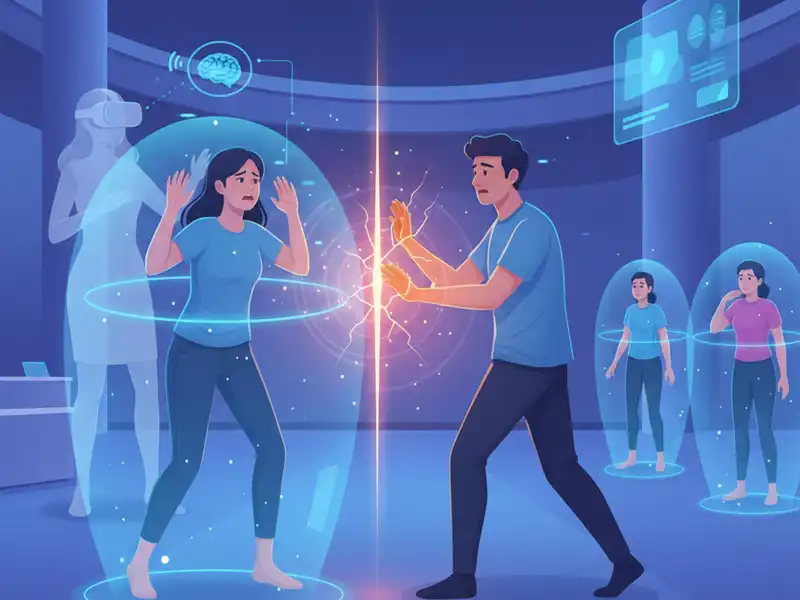Egy futurisztikus, kék tónusú virtuális térben egy női és egy férfi avatár látható. A férfi agresszíven próbál megérinteni egy nőt, de kettejük között egy narancssárga, energiakisülésekkel kísért, függőleges „tűzfal” vagy erőteret ábrázoló gát emelkedik fel, amely megakadályozza a fizikai kontaktust. A nő körül egy kék, átlátszó védőbuborék látható, feje felett pedig egy agyat ábrázoló ikon jelzi a mentális integritás védelmét. A háttérben más felhasználók is hasonló védőbuborékokban láthatóak. A kép a haptikus zaklatás megelőzésére szolgáló technológiai megoldásokat, például a személyes határok (Personal Boundaries) funkciót szemlélteti.