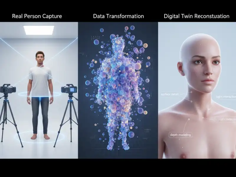 Egy három panelre osztott technológiai illusztráció a digitális iker létrehozásának folyamatáról. Az első panelen („Real Person Capture”) egy hús-vér férfi látható stúdiókörnyezetben, kamerákkal és lézerszkennerekkel körülvéve. A második panelen („Data Transformation”) az emberi alak absztrakt, színes adatpontokká és gömbökké bomlik szét, szemléltetve a nyers adatok feldolgozását. A harmadik panelen („Digital Twin Reconstruction”) egy hiperrealisztikus, nemileg semleges digitális emberi modell látható, amelyen technikai feliratok (pl. surface detail, depth modelling) jelzik a virtuális másolat nagyfokú pontosságát.