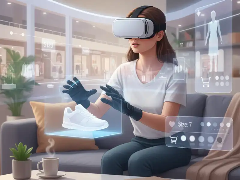 Egy modern nappaliban egy fiatal nő látható a kanapén ülve, aki VR-szemüveget és speciális haptikus kesztyűt visel. A virtuális térben egy fehér sportcipő 3D-s modelljét forgatja és vizsgálja, amely előtte lebeg. Körülötte lebegő digitális panelek láthatóak, amelyeken az árak ($120), a méretválaszték (Size: 7) és a kosárba tétel ikonjai szerepelnek. A háttérben homályosan egy futurisztikus bevásárlóközpont belső tere látszik. A kép a virtuális valóság alapú e-kereskedelem élményét mutatja be.