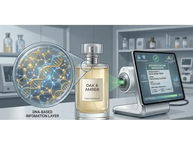 Futurisztikus laboratóriumi környezetben egy luxus parfümös üveg látható "OAK & AMBER" felirattal. Az üveg mellett egy nagyító alatt megjelenik a "DNA-BASED INFORMATION LAYER", amely egy arany tónusú DNS-spirált és molekuláris kötéseket ábrázol. Egy modern szkenner zöld fénnyel világítja meg az üveget, miközben a mellette lévő kijelzőn az "AUTHENTICATION SUCCESSFUL" felirat olvasható. A képernyő részletes adatokat mutat a termék eredetéről (Párizs), a gyártási dátumról (2026. október 12.) és a teljes életút-követésről a gyáratól a kiskereskedelemig.