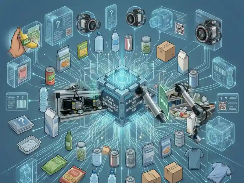 Egy nagyszabású technológiai diagram, amelynek központjában egy világító kék kocka, a „GLOBAL MATERIAL DATA INFRASTRUCTURE 2050” (Globális Anyagi Adat-infrastruktúra 2050) látható. Ebből a központból pókhálószerűen ágaznak ki a digitális adatvonalak minden irányba, összekötve a legkülönfélébb tárgyakat: PET-palackokat, konzervdobozokat, tejesdobozokat, ruházati cikkeket (póló), elektronikai eszközöket és élelmiszereket (pl. Nano Banana). A tárgyak mellett lebegő digitális panelek QR-kódokat, kérdőjeleket és metaadat-mezőket mutatnak. A rendszer részét képezik a korábban megismert ipari kamerák és robotkarok is, amelyek éppen a fizikai valóságot fordítják le digitális információra.