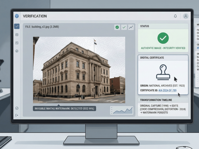Egy számítógép monitorán egy szoftveres kezelőfelület látható "VERIFICATION" címmel. A képernyő bal oldalán egy régi középületről készült fotó látható, alatta a felirat: "INVISIBLE IMATAG WATERMARK: DETECTED (ECC 99%)". A jobb oldalon egy zöld pipa és az "AUTHENTIC IMAGE - INTEGRITY VERIFIED" állapotjelzés szerepel. A digitális tanúsítvány szekció az eredetet a Nemzeti Archívumhoz (NATIONAL ARCHIVES) köti, a transzformációs idősáv pedig mutatja, hogy a vízjel a vágás és tömörítés ellenére is megmaradt.