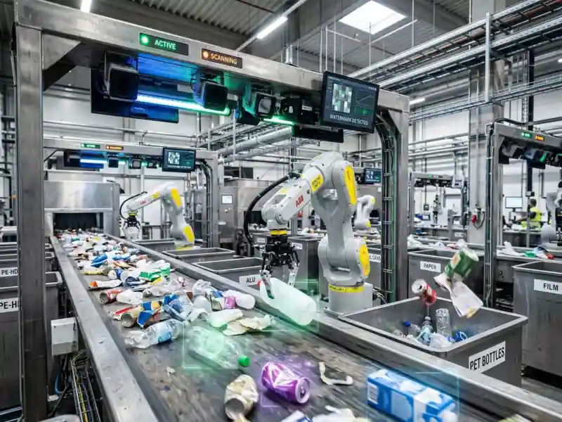 Fotó egy modern hulladékválogató üzem belsejéből. A kép középpontjában egy sárga ABB ipari robotkar látható, amely egy futószalag felett dolgozik. A szalagon különféle háztartási hulladékok – műanyag palackok, fémdobozok, papírdobozok – haladnak. A robot feletti kereten kamerák és szkennerek láthatóak "ACTIVE" és "SCANNING" feliratú jelzőfényekkel. Egy digitális kijelzőn a "WATERMARK DETECTED" (vízjel észlelve) felirat olvasható. A futószalag mentén elhelyezett tárolók feliratai jelzik a válogatás típusait: "ALU" (alumínium), "PAPER" (papír), "FILM" és "PET BOTTLES". A hulladékok felett kiterjesztett valóságot idéző grafikai keretek jelzik a sikeres digitális beazonosítást.