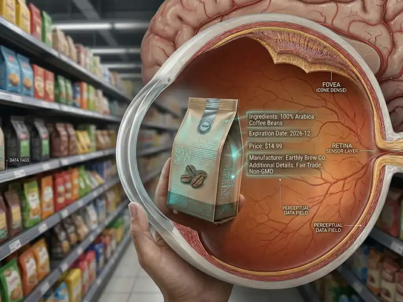 Illusztráció, amely egy emberi szem keresztmetszetét és a látóteret mutatja be egy élelmiszerboltban. A szem belsejében, a retinára vetülve egy digitális információs panel látható, amely egy kézben tartott kávéscsomag adatait (összetevők, lejárati idő, ár, gyártó) jeleníti meg. A háttérben elmosódott bolti polcok sorakoznak "Data Tags" feliratokkal. A kép felső részén az agy egy részlete látható, a szem anatómiáján pedig olyan feliratok szerepelnek, mint "Fovea", "Retina Sensor Layer" és "Perceptual Data Field", érzékeltetve a technológia és az emberi idegrendszer integrációját.